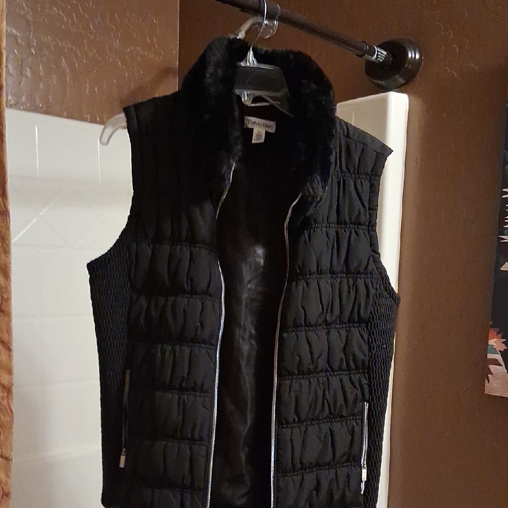 Calvin Klein Black Quilted Vest with Faux Fur Trim